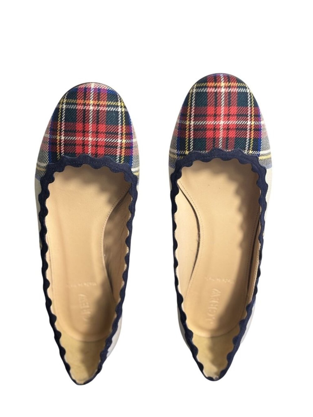 Plaid Scalloped Ballet Flats With Block Heel By J.Crew Size 8.5 Red/Navy Multi - Picture 3 of 10